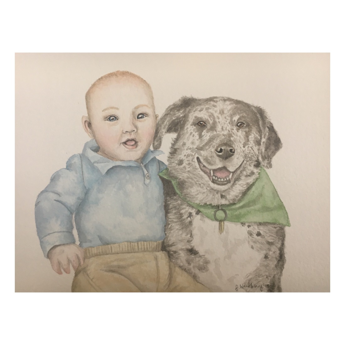 A painting of a baby and a spotted dog sitting close together and both smiling.